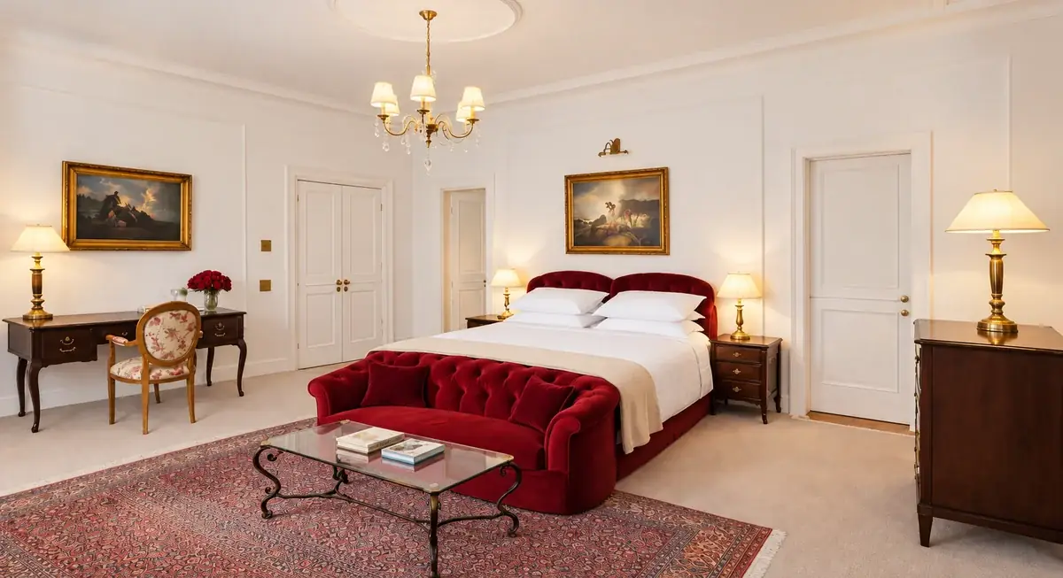 Elegantes Schlafzimmer mit rotem Samtsofa, Kamin und klassischen Gemälden