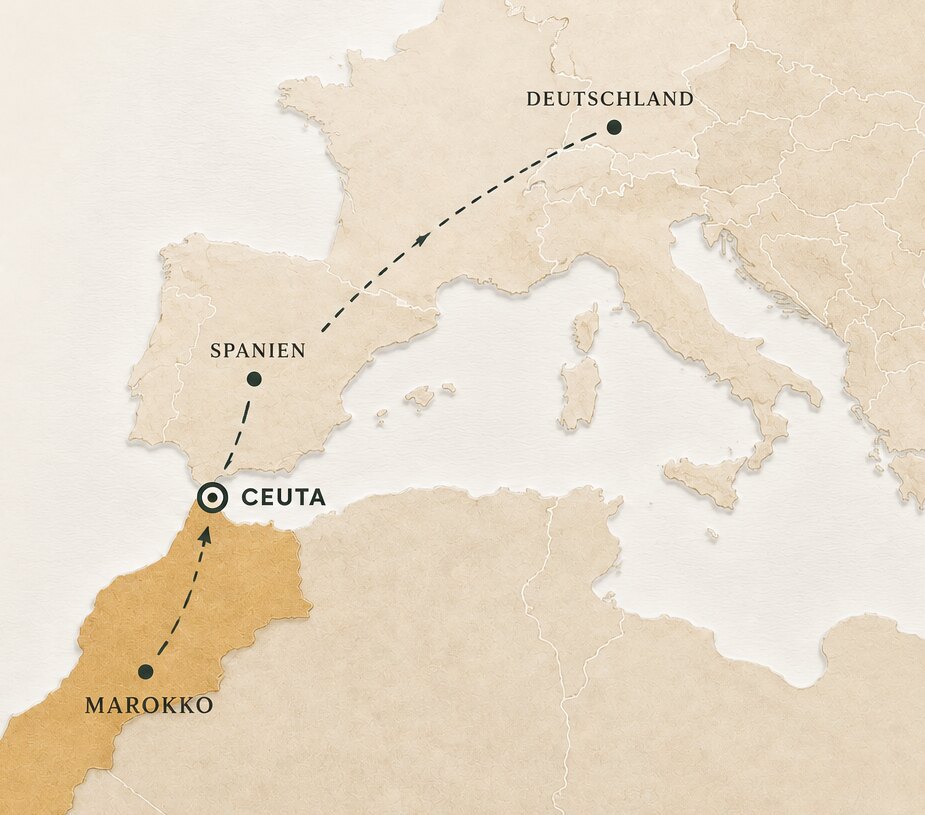 Mapa: ubicación de Ceuta en el Estrecho de Gibraltar – conexión entre Marruecos, España y Alemania