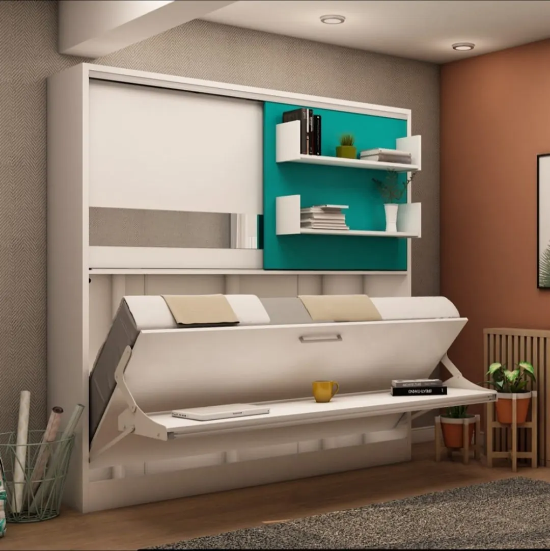 Prinzip: Klappsystem — der Schreibtisch klappt herunter, das Bett fährt aus der Wand.