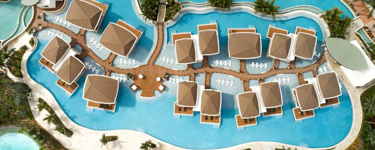 The 13.5-acre lagoon with private cabanas — the Guitar Hotel is the centre of a sprawling integrated resort.