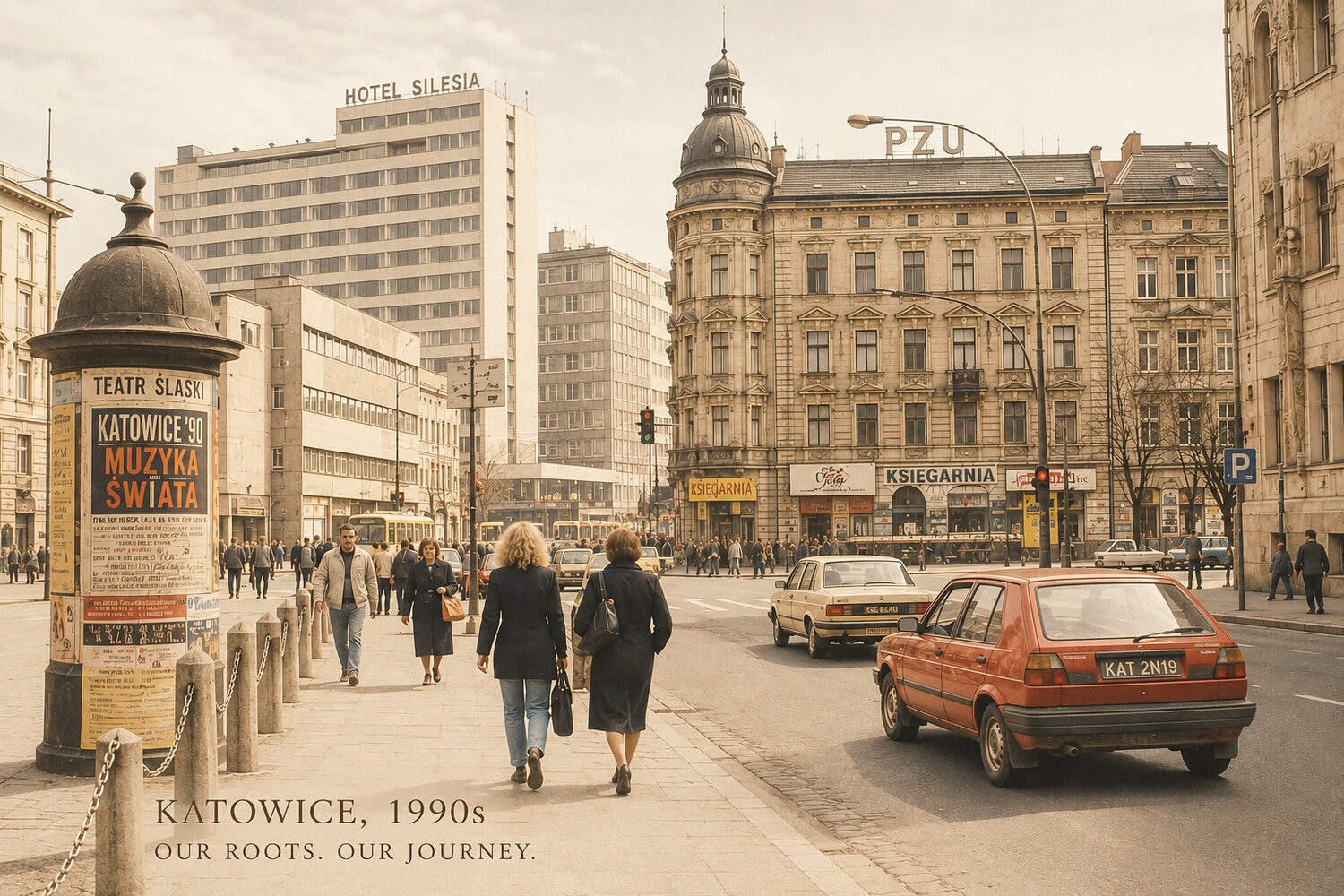Katowice, Upper Silesia, 1990s – street scene with Hotel Silesia