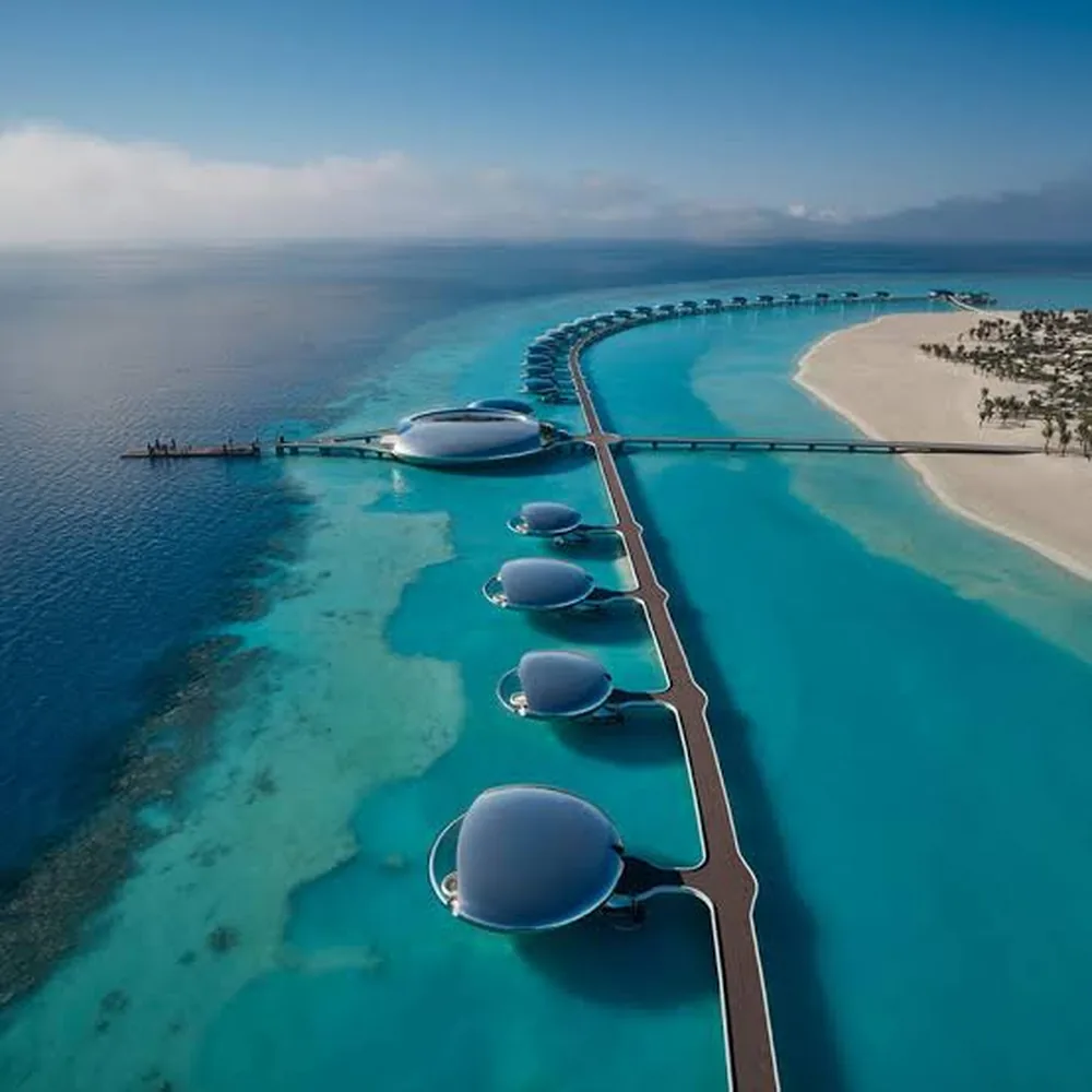 Shebara in the Red Sea — overwater villas line the reef; 38 of the 73 villas stand above the water.