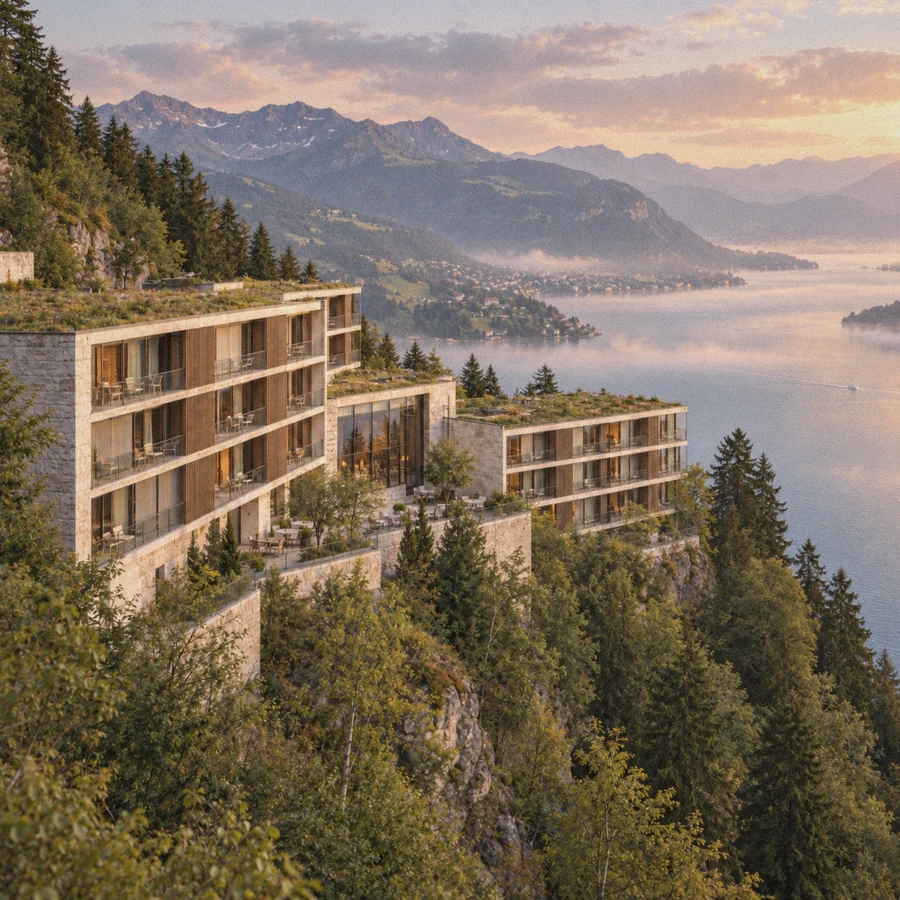Hotel in besonderer Hanglage über einem See